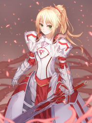 Rule 34 | 1girl, absurdres, blonde hair, blush, clarent (fate), closed mouth, fate/grand order, fate (series), green eyes, highres, holding, holding sword, holding weapon, long hair, looking at viewer, mordred (fate), mordred (fate/apocrypha), ponytail, solo, sword, weapon, yagyun