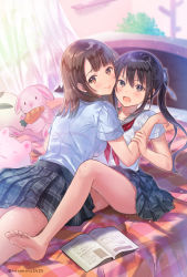 Rule 34 | 2girls, :p, all fours, bare legs, barefoot, bed, black eyes, black hair, blush, book, brown eyes, brown hair, couple, curtains, feet, female focus, girl on top, hanekoto, indoors, legs, long hair, looking at viewer, looking back, lying, lying on person, multiple girls, on bed, on stomach, open book, open mouth, original, school uniform, see-through, short hair, short sleeves, sitting, smile, soles, stuffed animal, stuffed carrot, stuffed rabbit, stuffed toy, sweatdrop, toes, tongue, tongue out, twintails, twitter username, yuri