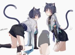 Rule 34 | :o, animal ear fluff, animal ears, auaua 0511, black hair, black shorts, blush, cat boy, cat ears, cat tail, commentary request, eyeliner, eyeshadow, genshin impact, gold, legs, looking at viewer, makeup, male focus, mandarin collar, multiple views, no headwear, open clothes, open vest, purple eyes, red eyeliner, red eyeshadow, scaramouche (genshin impact), short hair, shorts, simple background, solo focus, tail, translation request, vest, wanderer (genshin impact), white background, white vest