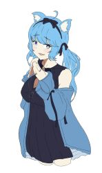 Rule 34 | 1girl, ahoge, animal ear fluff, animal ears, black bow, black bowtie, black dress, black hairband, blue eyes, blue hair, blue jacket, bow, bowtie, breasts, brooch, catnamenothing, cleavage, cleavage cutout, clothing cutout, collared dress, commentary request, cowboy shot, cropped legs, dog ears, dog girl, dress, frilled shirt collar, frills, hair bow, hairband, highres, jacket, jacket partially removed, jewelry, large breasts, long hair, looking at viewer, low twintails, medium bangs, nanashi inc., official alternate costume, open mouth, paw print, simple background, sleeveless, sleeveless dress, smile, solo, souya ichika, souya ichika (6th costume), steepled fingers, twintails, virtual youtuber, white background