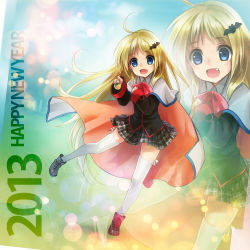 Rule 34 | 10s, 1girl, 2013, ahoge, alternate hair color, bat (animal), blonde hair, blue eyes, capelet, fang, food, hair ornament, happy new year, little busters!, long hair, long sleeves, new year, no headwear, no headwear, noumi kudryavka, open mouth, school uniform, solo, spoon, yamori (stom), zoom layer