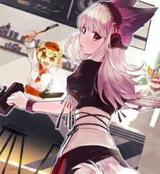 Rule 34 | animal ears, arknights, bear ears, blonde hair, chef, chef hat, coffee pot, commentary request, double bun, drink, fox ears, fox tail, frostleaf (arknights), frying pan, gummy (arknights), hair bun, hair ornament, hairclip, hand up, hat, headphones, highres, holding, holding drink, holding frying pan, holding spatula, holding tray, implied extra ears, infection monitor (arknights), long hair, parfait, short hair, short sleeves, smile, spatula, sutoa, tail, tray