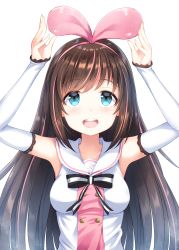 Rule 34 | 1girl, :d, absurdres, arms up, black bow, blue eyes, blush, bow, breasts, brown hair, commentary request, detached sleeves, hair ribbon, hairband, highres, kizuna ai, kizuna ai inc., long hair, long sleeves, medium breasts, multicolored hair, open mouth, pink hair, pink hairband, pink ribbon, ribbon, sailor collar, shirt, simple background, sleeveless, sleeveless shirt, sleeves past wrists, smile, solo, streaked hair, striped, striped bow, sunsuke, teeth, upper body, upper teeth only, very long hair, virtual youtuber, white background, white sailor collar, white shirt