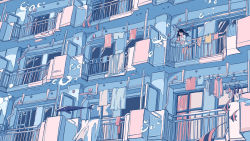 Rule 34 | 1girl, apartment, balcony, black hair, bubble, building, clothes, clothes hanger, clothes pin, cup, drying, drying clothes, fantasy, fish, floating, highres, holding, holding cup, ichigoame, industrial pipe, laundry pole, limited palette, long hair, microsoft windows, original, pastel colors, surreal, whale