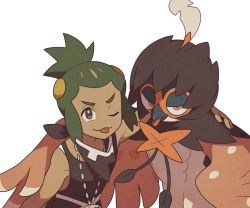 Rule 34 | 1boy, alternate color, bare arms, closed mouth, commentary, cosplay, creatures (company), dark-skinned male, dark skin, decidueye, game freak, gen 7 pokemon, green hair, grey eyes, hau (pokemon), jewelry, looking at viewer, male focus, necklace, nintendo, one eye closed, pokemon, pokemon sm, shirt, short ponytail, simple background, sleeveless, sleeveless shirt, smile, ssalbulre, team skull grunt, team skull grunt (cosplay), tongue, tongue out, white background