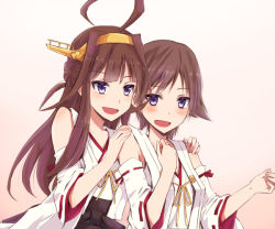 Rule 34 | 10s, 2girls, bare shoulders, blush, brown hair, detached sleeves, double bun, hair ornament, hairband, headgear, hiei (kancolle), japanese clothes, kantai collection, kay (utd), kongou (kancolle), long hair, multiple girls, nontraditional miko, open mouth, personification, purple eyes, short hair, skirt, smile