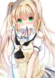 Rule 34 | 1girl, black neckwear, blonde hair, blue ribbon, blush, breasts, closed mouth, collarbone, commentary request, green eyes, grey skirt, hair between eyes, hair ornament, hand up, highres, kouda suzu, long hair, looking at viewer, medium breasts, mouth hold, nose blush, pleated skirt, puffy short sleeves, puffy sleeves, ribbon, ribbon in mouth, shirt, short sleeves, sidelocks, simple background, skirt, smile, solo, summer pockets, sweater vest, tsumugi wenders, twintails, v, very long hair, white background, white shirt, x hair ornament