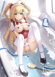 Rule 34 | 1girl, ahoge, akai haato, alternate costume, bathtub, bikini, black footwear, blonde hair, blue eyes, breasts, buttons, cleaning, cleaning brush, closed mouth, commentary request, corset, covering privates, covering crotch, double-breasted, enmaided, eyepatch bikini, from above, full body, highres, hololive, hose, indoors, joko jmc, knees up, large breasts, long hair, looking at viewer, maid, maid headdress, mary janes, panties, panty pull, partially submerged, patreon logo, patreon username, puffy short sleeves, puffy sleeves, revealing clothes, shoes, short sleeves, side-tie panties, sitting, smile, soap, soap bottle, soap bubbles, solo, string panties, swimsuit, thighhighs, tongue, tongue out, two side up, underwear, very long hair, virtual youtuber, water, white thighhighs, window