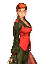 Rule 34 | 1girl, breasts, brown hair, capcom, capcom vs snk, choker, cleavage, earrings, jewelry, lips, long skirt, mori toshiaki, nose, official art, pantyhose, short hair, skirt, snk, solo, the king of fighters, vest, vice (kof)