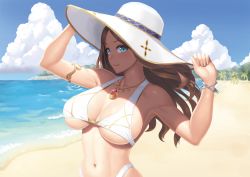 Rule 34 | 1girl, armlet, beach, bikini, blue eyes, blue sky, bracelet, breasts, brown hair, closed mouth, cloud, day, fate/grand order, fate (series), hat, highres, jewelry, large breasts, leonardo da vinci (fate), long hair, looking at viewer, navel, necklace, ocean, outdoors, ranma (kamenrideroz), sand, sky, solo, summer, swimsuit, white bikini, white hat