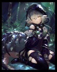 Rule 34 | 1girl, absurdres, ahoge, arknights, between legs, black border, black footwear, boots, border, crocodilian tail, fa2 (etu831), flower, forest, gloves, goggles, goggles around neck, green hair, green tunic, grey gloves, grey hair, hair between eyes, hand between legs, hand up, high heel boots, high heels, highres, hood, hood up, leaf, multicolored hair, nature, outdoors, partially fingerless gloves, pointy ears, short hair, sitting, solo, streaked hair, tail, thighhighs, thighs, tomimi (arknights), torn clothes, torn thighhighs, tree, wariza, white flower, yellow eyes