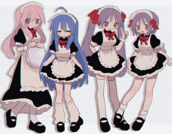 Rule 34 | 4girls, :3, = =, ahoge, apron, arm behind back, arms behind back, black-framed eyewear, black dress, black footwear, blue hair, bow, bowtie, closed eyes, closed mouth, dress, dress bow, frilled apron, frilled dress, frills, full body, glasses, hair between eyes, hair bow, hair over shoulder, hand up, highres, hiiragi kagami, hiiragi tsukasa, holding, holding tray, index finger raised, izumi konata, leg warmers, light blush, light frown, long dress, long hair, looking at another, looking at viewer, lucky star, maid, maid headdress, mary janes, medium dress, medium hair, mole, mole under eye, multiple girls, no nose, no pupils, open mouth, outstretched arms, pantyhose, parted bangs, pink hair, polka dot, polka dot background, purple eyes, purple hair, raised eyebrow, red bow, red bowtie, ri (qrcode), round eyewear, shoes, short dress, short eyebrows, short sleeves, sidelocks, simple background, smile, socks, standing, straight hair, takara miyuki, tareme, thighhighs, tray, tsurime, twintails, very long hair, white apron, white background, white pantyhose, white socks, white thighhighs, wrist cuffs, zettai ryouiki