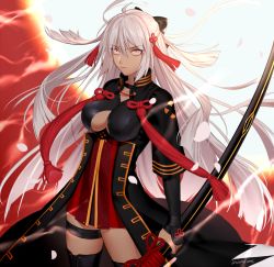 Rule 34 | 1girl, ahoge, arm guards, black bow, black coat, black thighhighs, bow, breasts, center opening, cleavage cutout, clothing cutout, coat, dark-skinned female, dark skin, fate/grand order, fate (series), hair between eyes, hair bow, high collar, holding, holding sword, holding weapon, inanome me, katana, large breasts, long hair, okita souji (fate), okita souji alter (fate), petals, red skirt, skirt, solo, sword, tassel, thigh strap, thighhighs, very long hair, weapon, white eyes, white hair