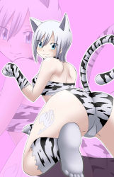 Rule 34 | 1girl, absurdres, animal ears, ass, blue eyes, breasts, cat ears, cat tail, dmayaichi, fairy tail, highres, lisanna strauss, looking back, medium breasts, simple background, solo, tail, white hair