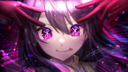Rule 34 | 1girl, blush, chromatic aberration, close-up, closed mouth, commentary, double w, dress, frilled dress, frills, hair between eyes, hair ornament, highres, hoshino ai&#039;s pose, hoshino ai (oshi no ko), long hair, looking at viewer, making-of available, one side up, oshi no ko, pink dress, portrait, purple eyes, purple hair, rokuya (68 zusao), signature, smile, solo, star-shaped pupils, star (symbol), symbol-shaped pupils, tongue, tongue out, turtleneck, turtleneck dress, w