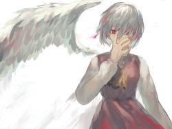 Rule 34 | 1girl, ascot, bad id, bad pixiv id, dress, hand on own face, highres, kishin sagume, long sleeves, nail polish, nazoko, red eyes, short hair, silver hair, simple background, single wing, solo, touhou, upper body, white background, wings