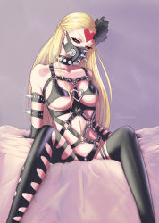Rule 34 | 1girl, abs, absurdres, bdsm, bondage, bondage outfit, boots, bound, breasts, highres, kaijin hime do-s, large breasts, looking at viewer, mask, mouth mask, on bed, one-punch man, shirobak0, single thigh boot, sitting, solo, thigh boots, thighhighs