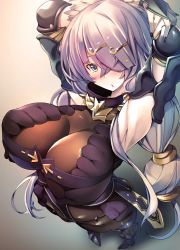 Rule 34 | 1girl, armpits, arms behind head, arms up, atelier (series), atelier ryza, atelier ryza 1, belt, blue belt, blush, bodysuit, breasts, brown bodysuit, cowboy shot, crossed bangs, hair ornament, hairclip, highres, hood, hooded vest, hoodie, large breasts, leather belt, lila decyrus, looking at viewer, low twintails, nail polish, navel, open mouth, pale skin, solo, swimsuit, torisan, twintails, vest