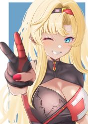 Rule 34 | 1girl, ;), asymmetrical bangs, black gloves, blonde hair, blue background, blue eyes, blurry, border, breasts, cleavage cutout, clothing cutout, commentary, foreshortening, gloves, granblue fantasy, hairband, highres, hilda sakura, large breasts, long hair, looking at viewer, nail polish, one eye closed, outside border, parted lips, post guild war celebration, red gloves, red nails, smile, solo, two-tone gloves, two-tone hairband, upper body, v, white border, zeta (granblue fantasy)