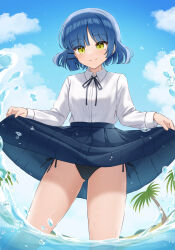 Rule 34 | 1girl, absurdres, black panties, black ribbon, blue hair, blue skirt, blue sky, bocchi the rock!, breasts, closed mouth, clothes lift, cloud, collared shirt, commentary request, day, dress shirt, gluteal fold, green eyes, hair ornament, hairclip, highres, lifting own clothes, long sleeves, looking at viewer, mole, mole under eye, neck ribbon, outdoors, palm tree, panties, pleated skirt, ribbon, shirt, side-tie panties, skirt, skirt lift, sky, small breasts, smile, standing, tree, underwear, wading, water, white shirt, yamada ryo, yukiunag1