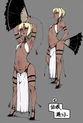 Rule 34 | 1boy, anklet, armband, armpits, arms up, blonde hair, choker, covered erect nipples, dark-skinned male, dark skin, deroichi, grey background, hand fan, high heels, highres, jewelry, bridal garter, male focus, navel, original, red eyes, simple background, translation request, trap