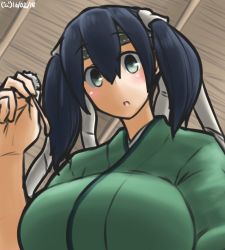 Rule 34 | 10s, 1girl, :o, black hair, blush, breasts, ceiling, commentary, dated, from below, hachimaki, hair between eyes, hamu koutarou, headband, kantai collection, large breasts, looking at viewer, mimikaki, pov, solo, souryuu (kancolle), twintails