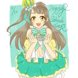 Rule 34 | 1girl, ank o09c, artist name, artist request, blush, bow, breasts, brown eyes, brown hair, christmas, cleavage, crown, dress, female focus, frilled dress, frills, green bow, green skirt, grey hair, holding, holding scepter, light brown hair, long hair, love live!, love live! school idol project, medium breasts, minami kotori, minami kotori (bird), mini crown, parted lips, puffy short sleeves, puffy sleeves, scepter, shirt, short sleeves, skirt, smile, solo, striped, striped bow, white shirt, white skirt