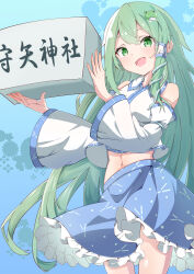 Rule 34 | 1girl, absurdres, blue background, blue skirt, box, commentary request, detached sleeves, frilled skirt, frills, frog hair ornament, gradient background, green eyes, green hair, hair ornament, hair tubes, highres, holding, holding box, kochiya sanae, long hair, looking at viewer, navel, open mouth, saimu taju, sidelocks, skirt, snake hair ornament, solo, touhou, translation request, wide sleeves