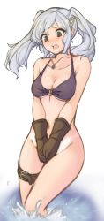 Rule 34 | 1girl, absurdres, bikini, bikini top only, bottomless, breasts, cleavage, covering privates, covering crotch, embarrassed, fire emblem, fire emblem awakening, fire emblem heroes, gloves, groin, highres, jewelry, large breasts, necklace, nintendo, o-ring, o-ring bikini, robin (female) (fire emblem), robin (fire emblem), simple background, solo, splashing, swimsuit, thigh strap, transparent background, tridisart, twintails, wading, white hair