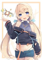 Rule 34 | .live, 1girl, belt, black panties, blonde hair, blue eyes, blush, earrings, highleg, highleg panties, highres, jacket, jewelry, long hair, looking at viewer, low twintails, masaki (machisora), nanahoshi milily, necklace, off-shoulder jacket, off shoulder, open mouth, panties, panty straps, shorts, simple background, solo, twintails, underwear, virtual youtuber