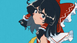 Rule 34 | 1girl, black eyes, black hair, blue background, blush stickers, chinese commentary, closed mouth, commentary request, film grain, frilled hair tubes, frilled ribbon, frills, hair ribbon, hair tubes, hakurei reimu, highres, liangsos, red ribbon, ribbon, simple background, solo, touhou