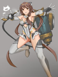 Rule 34 | 1girl, bad id, bad pixiv id, bare shoulders, breasts, brown eyes, brown hair, cleavage, elbow gloves, gloves, grey thighhighs, holding, long hair, original, shijima (tanfn), simple background, smoke, smoking pipe, solo, standing, standing on one leg, thighhighs
