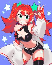 Rule 34 | 1girl, 333 (dqqqdle), blue background, breasts, cleavage, cleavage cutout, clothing cutout, earrings, elbow gloves, fingerless gloves, gloves, green eyes, hair ornament, highres, jewelry, large breasts, long hair, midriff, navel, original, red gloves, red hair, shorts, solo, star cutout, thighhighs, thighs, twintails, v