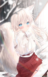 Rule 34 | 1girl, :/, animal ear fluff, animal ears, bare tree, blue eyes, blurry, blurry foreground, blush, check commentary, closed mouth, commentary request, day, fox ears, fox girl, fox tail, hair between eyes, hakama, hakama skirt, hand in own hair, hand up, harui (hr x9 ), highres, japanese clothes, kimono, lens flare, looking at viewer, obi, original, pleated skirt, rabbit, sash, sitting, skirt, snow, snowing, solo, sunlight, tail, thick eyebrows, tree, white hair, white kimono