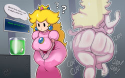 Rule 34 | 1girl, ?, absurdres, ass, ass clapping, ass ripple, blonde hair, breasts, brooch, completely nude, crown, curvy, elbow gloves, english text, gloves, hands on own thighs, highres, huge ass, invisible, jewelry, large breasts, mario (series), mekaatomic, mini crown, nintendo, nude, paper mario, paper mario: the thousand year door, potion, princess peach, solo, sound effects, speech bubble, thick thighs, thighs, transparent, wide hips