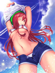 Rule 34 | 10s, 1girl, aircraft, airplane, armpits, arms up, bad id, bad pixiv id, bikini, bikini under clothes, blush, breasts, casual, cloud, contrail, day, female focus, from below, hacka doll, hacka doll 2, large breasts, long hair, looking at viewer, navel, one eye closed, open fly, outstretched arms, pink eyes, pink hair, ryuinu, short shorts, shorts, sky, smile, solo, swimsuit, swimsuit under clothes, unbuttoned, underboob, undressing, unzipped, zipper