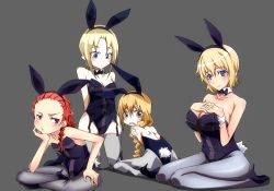 Rule 34 | 4girls, agnese sanctis, angelene, angry, animal ears, back, bare shoulders, blonde hair, blue eyes, blush, bow, bowtie, braid, breast envy, breasts, cleavage, crossed legs, detached collar, fake animal ears, female focus, flat chest, garter straps, head rest, highres, kneeling, large breasts, leotard, long hair, looking back, looking down, lucia (toaru majutsu no index), multiple girls, orsola aquinas, pantyhose, pink hair, playboy bunny, rabbit ears, rabbit tail, red hair, sad, short hair, simple background, sitting, smile, tail, thighhighs, toaru majutsu no index, touryou, wavy mouth