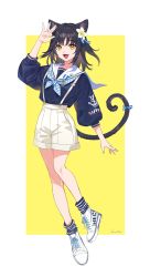 Rule 34 | 1girl, :d, absurdres, animal ears, artist name, black hair, blue neckerchief, blue ribbon, blue shirt, blue socks, cat ears, cat girl, cat tail, commentary request, fangs, flower, full body, hair flower, hair ornament, highres, looking at viewer, medium hair, neckerchief, open mouth, original, ribbon, sailor collar, sailor shirt, sato (satoko 114), shirt, shoes, shorts, simple background, smile, sneakers, socks, solo, striped clothes, striped neckerchief, striped socks, suspender shorts, suspenders, tail, tail ornament, tail ribbon, two-tone background, watermark, white background, white footwear, white sailor collar, white shorts, yellow background, yellow eyes