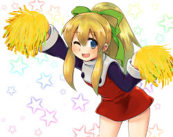 Rule 34 | 1girl, ;d, arm up, black shirt, blonde hair, blouse, blue eyes, cheerleader, commentary request, cowboy shot, dress, flat chest, frilled dress, frills, hair between eyes, hair ribbon, highres, leaning forward, long hair, looking at viewer, m.m, mega man (classic), mega man (series), one eye closed, open mouth, pom pom (cheerleading), ponytail, red dress, ribbon, roll (mega man), shirt, smile, solo, standing, star (symbol), starry background, turtleneck, turtleneck dress, white background