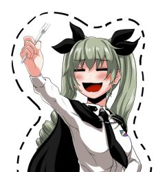 Rule 34 | 10s, 1girl, :d, anchovy (girls und panzer), anzio school uniform, arm up, black cape, black necktie, black ribbon, cape, dotted line, dress shirt, drill hair, emblem, fork, girls und panzer, green hair, hair ribbon, holding, long hair, long sleeves, looking to the side, necktie, open mouth, outline, red eyes, ribbon, saliva, school uniform, shirt, simple background, smile, solo, standing, twin drills, twintails, upper body, white background, white shirt, wing collar, yaruku