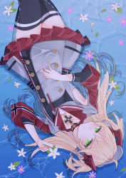 Rule 34 | 1girl, :&lt;, admiral hipper (azur lane), ahoge, arm warmers, armpit cutout, armpits, azur lane, black thighhighs, blonde hair, blush, breasts, buttons, choker, closed mouth, clothing cutout, collarbone, commentary request, cowboy shot, cross, double-breasted, flower, flower on liquid, green eyes, grey shirt, hair between eyes, hand on own stomach, headgear, highres, iron cross, long hair, looking at viewer, lying, lying on water, on back, partially submerged, pen, pleated skirt, red skirt, saekiya sabou, shirt, sidelocks, skirt, small breasts, solo, thighhighs, twitter username, two side up, water, zettai ryouiki
