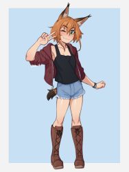 Rule 34 | 1girl, absurdres, animal ears, artist name, black tank top, blue background, boots, border, brown footwear, collarbone, commentary, commission, cross-laced footwear, denim, denim shorts, english commentary, fang, full body, green eyes, highres, jacket, knee boots, lace-up boots, looking at viewer, lyinx tail, nyx (shirudomiriart), one eye closed, open clothes, orange hair, red jacket, rob ishi, shorts, sleeves pushed up, smile, solo, tail, tank top, v, white border