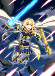 Rule 34 | action, armor, blonde hair, blue eyes, cape, highres, kyoukyan, sword, weapon