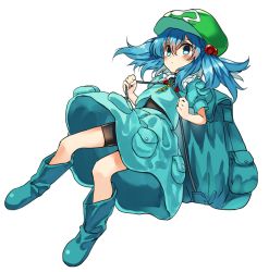 Rule 34 | 1girl, aqua eyes, backpack, bag, bike shorts, blue eyes, blush, boots, frown, full body, hair bobbles, hair ornament, hat, kawashiro nitori, key, looking at viewer, manarou, rubber boots, solo, touhou, two side up, white background