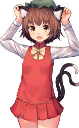 Rule 34 | 1girl, :d, animal ear fluff, animal ears, blush, brown eyes, brown hair, cat ears, cat tail, chen, fangs, highres, long sleeves, looking at viewer, open mouth, shone, short hair, simple background, skirt, smile, solo, tail, touhou, white background