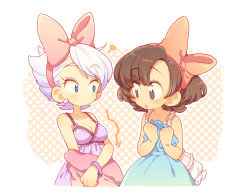 Rule 34 | 2girls, ?, animification, arrow (symbol), bracelet, breast envy, clothes in front, daisy duck, disney, humanization, jewelry, kiri futoshi, lingerie, looking at breasts, lowres, minnie mouse, multiple girls, personification, polka dot, polka dot background, short hair, staring, underwear, undressing