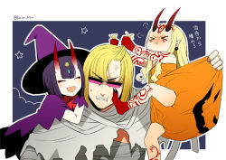 Rule 34 | 1boy, 2girls, alternate costume, anger vein, blonde hair, closed eyes, eyeshadow, fate/grand order, fate (series), foot on another&#039;s face, glasses, grabbing another&#039;s hair, halloween costume, hat, horns, ibaraki douji (fate), kaidou j1, long hair, makeup, multiple girls, on shoulder, pout, purple hair, sakata kintoki (fate), short hair, shuten douji (fate), skin-covered horns, smile, witch hat