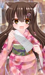 Rule 34 | 1girl, :d, animal ear fluff, animal ears, blurry, blurry background, brown eyes, brown hair, commentary request, depth of field, floral print, hair between eyes, hair ornament, heart, heart hair ornament, highres, holding, japanese clothes, kanijiru, kimono, long hair, long sleeves, looking at viewer, obi, omikuji, open mouth, original, pink kimono, print kimono, sash, signature, smile, solo, very long hair, wide sleeves