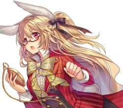 Rule 34 | 1girl, alice in wonderland, animal ears, black bow, blonde hair, blush, bow, bowtie, cosplay, eyebrows, formal, glasses, hair between eyes, hair bow, holding, long hair, madogawa, open mouth, original, pocket watch, rabbit ears, rabbit tail, red eyes, solo, suit, tail, watch, white rabbit (alice in wonderland), white rabbit (cosplay)