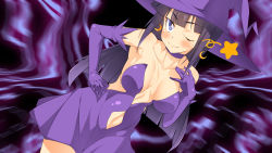 Rule 34 | 1girl, bare shoulders, blue eyes, blunt bangs, blush, breasts, breasts apart, choker, cleavage, closed mouth, clothing cutout, dress, earrings, female focus, hand on own hip, hand on own chest, hand up, happy, hat, head tilt, highres, jewelry, legs, long hair, looking at viewer, makarou, medium breasts, moon earrings, navel, navel cutout, nose blush, one eye closed, purple dress, purple hair, revealing clothes, simple background, smile, solo, standing, strapless, strapless dress, thighs, wink, witch hat, working!!, yamada aoi